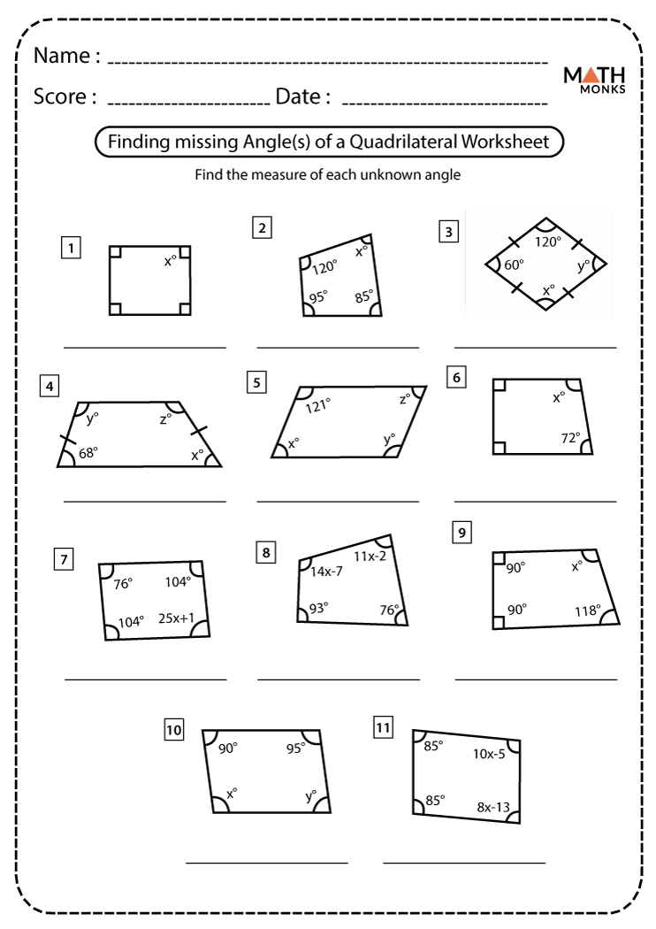 Angles in Quadrilaterals Worksheets - Math Monks