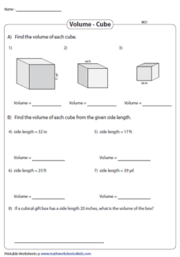 finding volume of a cube worksheet