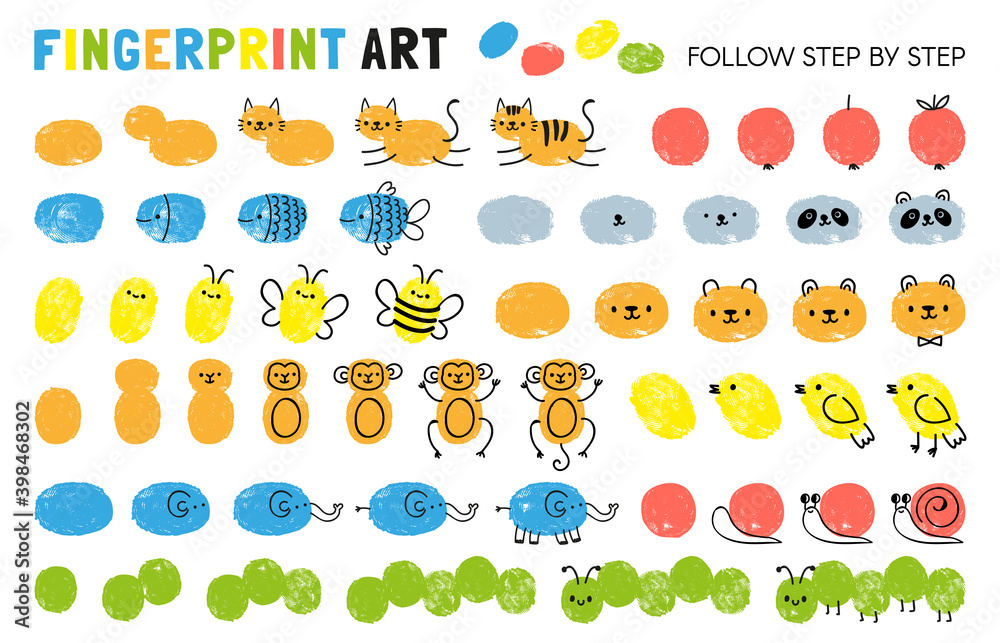 Fingerprint art steps. Worksheet for kid learning to draw animals ...