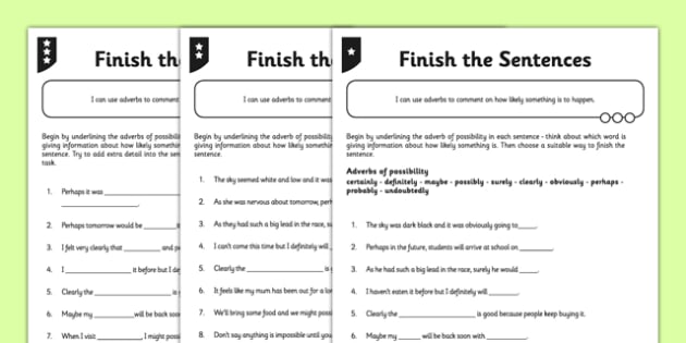Worksheet of Adverbs - Differentiated Adverbs of Possibility
