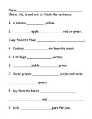 English worksheets: The/A/Are/Is finish the sentence