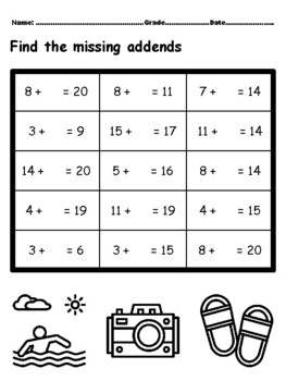 50 Beach Vacation First Grade Math Worksheets CCSS1.OA.A.1 ...