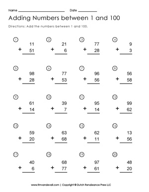 Addition to 100 Worksheet - Tims Printables