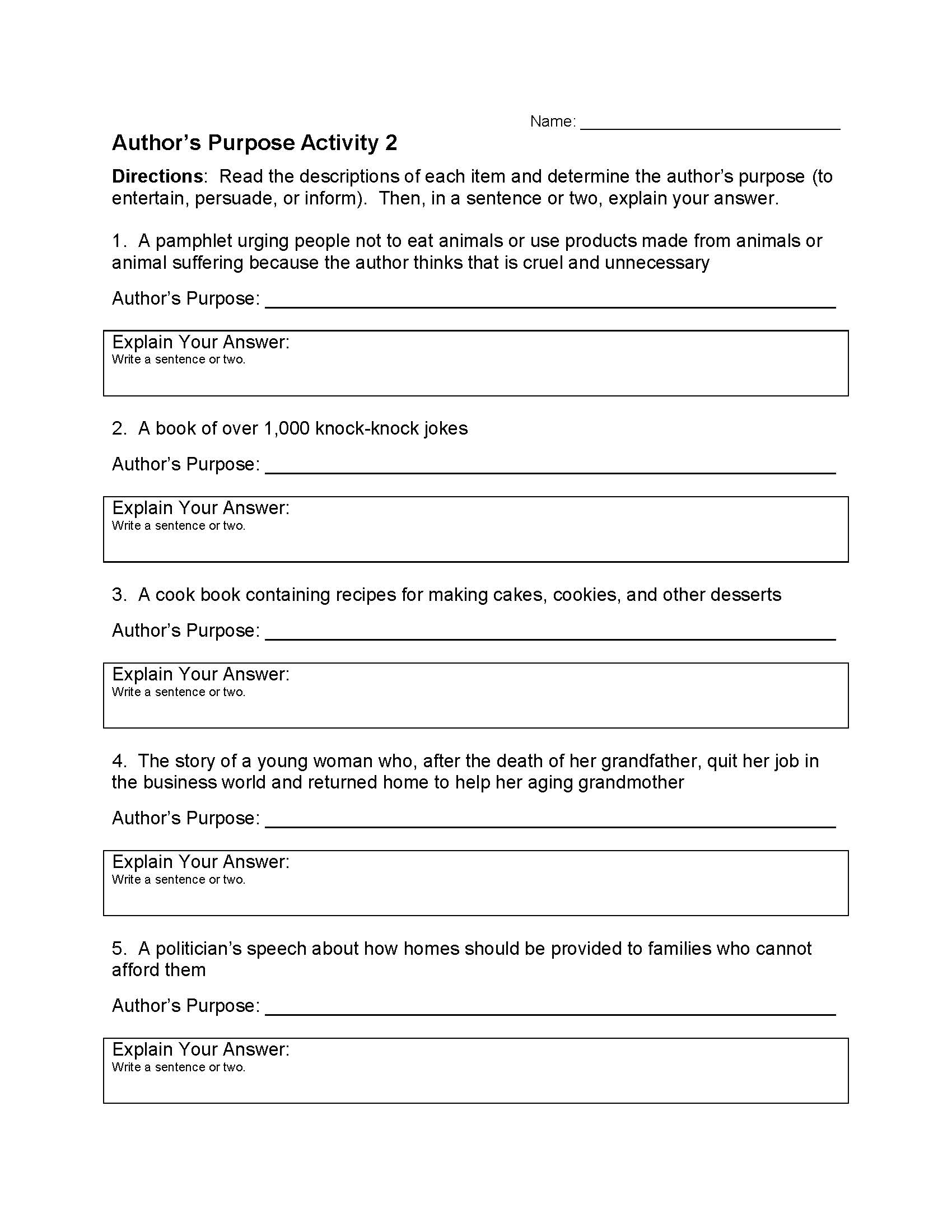 first grade author s purpose worksheet
