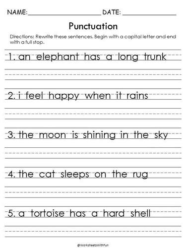Punctuation &  Capitalization Worksheets, Fix the Simple Sentences ...