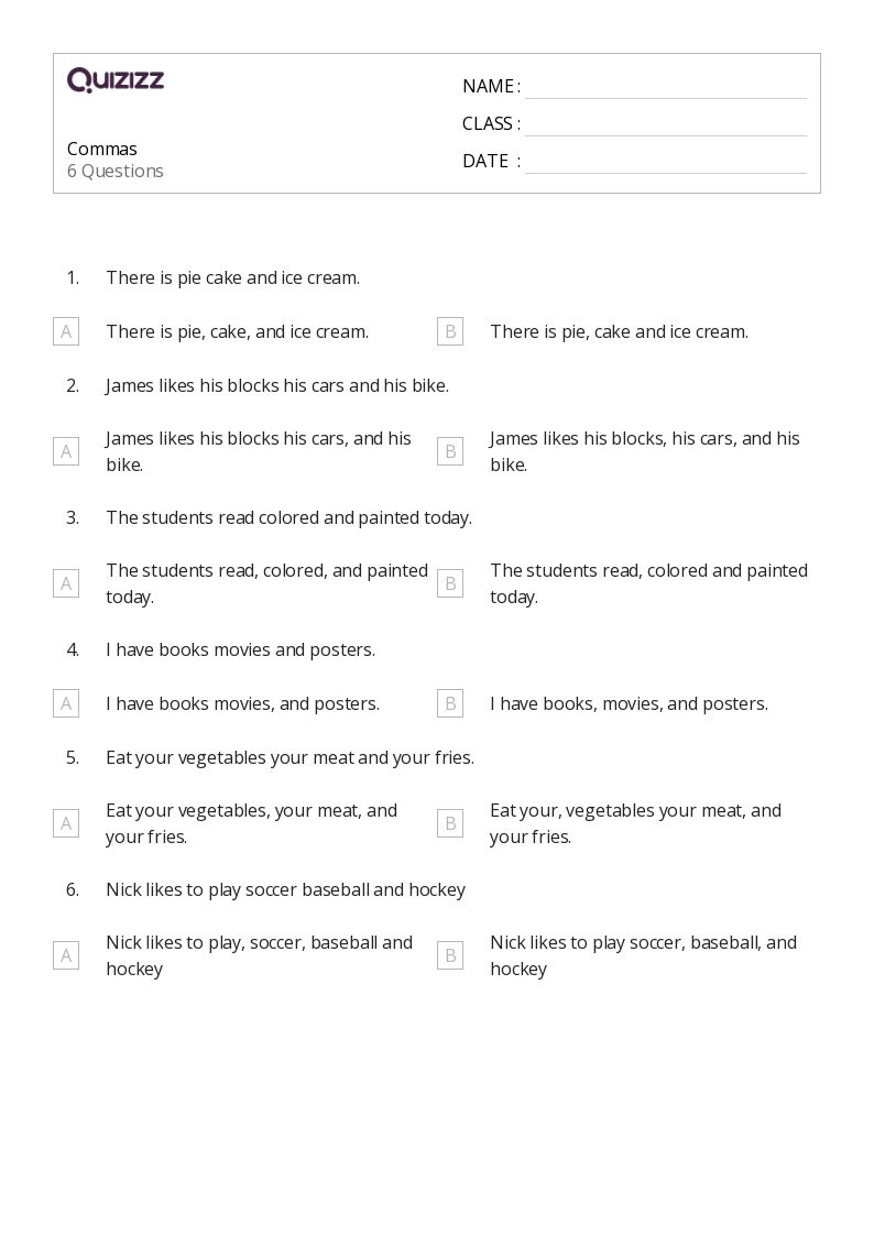 50+ Commas worksheets for 1st Grade on Quizizz | Free &  Printable