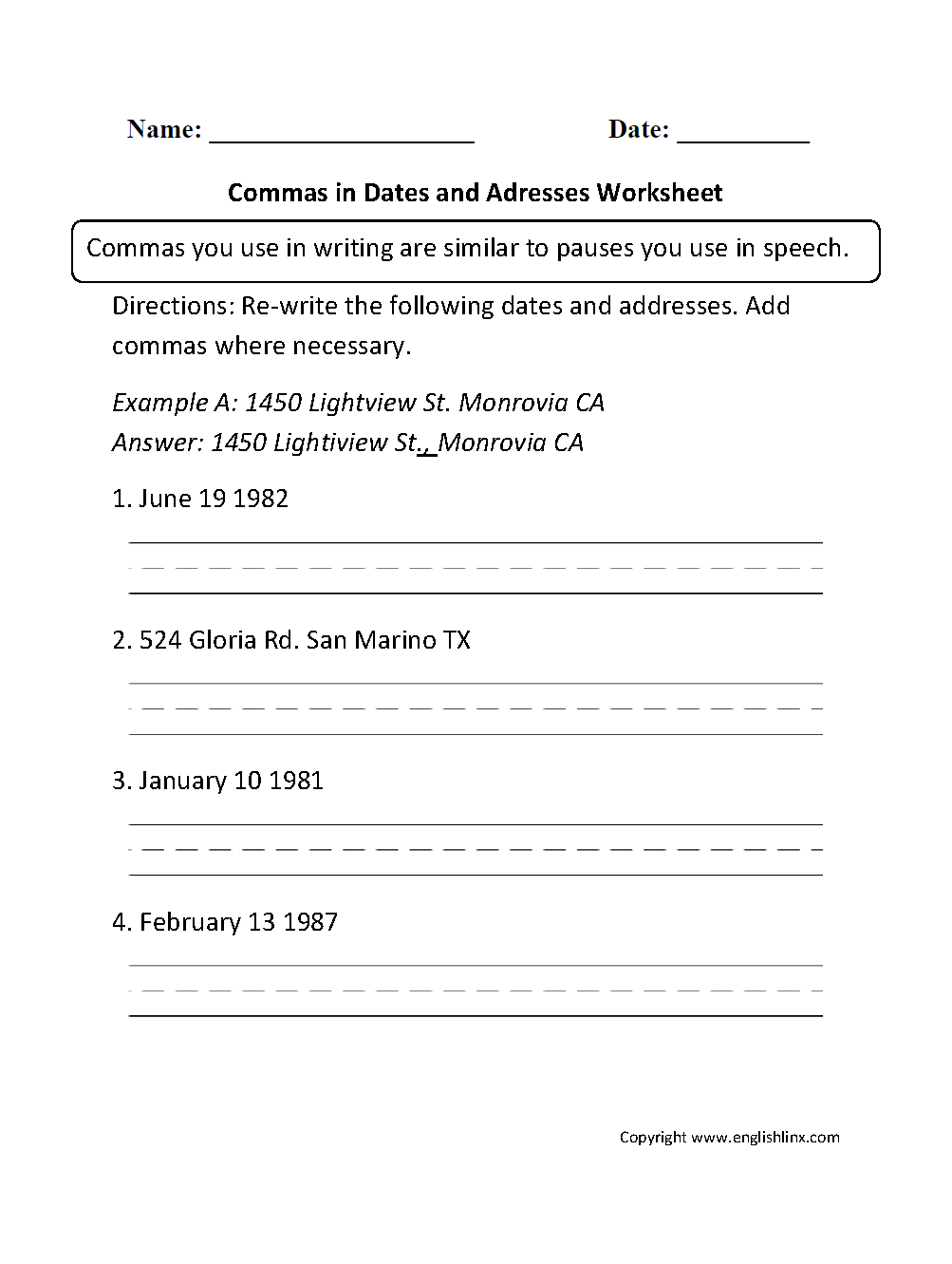 worksheets library | Commas Worksheets