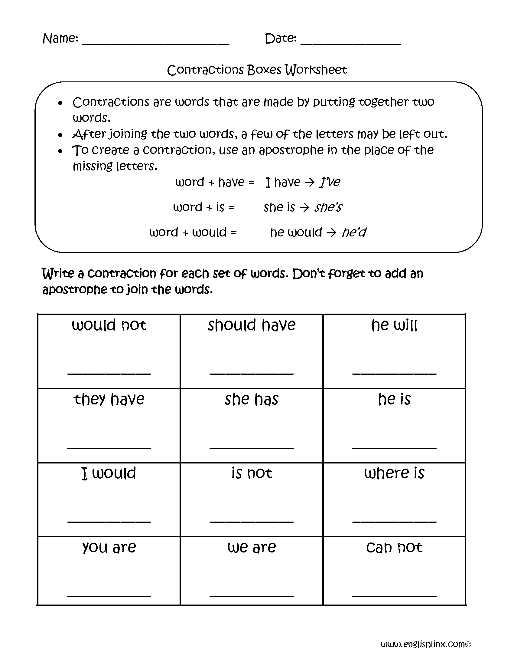 Contractions Worksheets | Contractions Boxes Worksheets