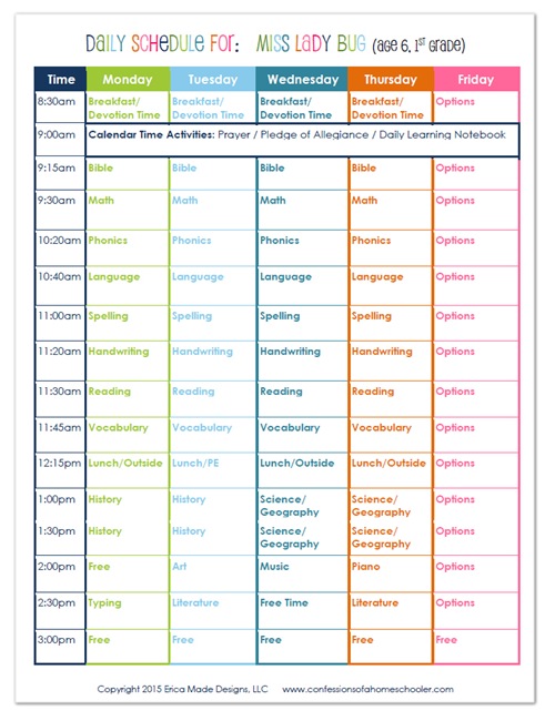 2015 - 1st Grade Homeschool Schedule - Confessions of a Homeschooler