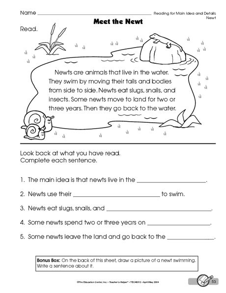 first grade main idea worksheet