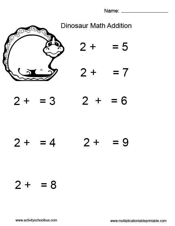 First Grade Math Sheets-Dinosaurs-Adding the Number 2