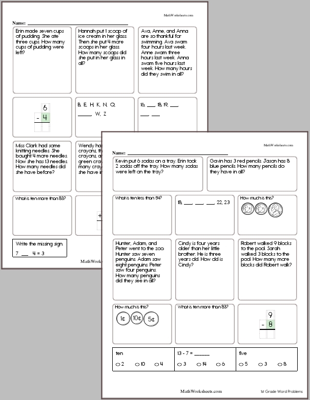 Word Problem Worksheets for 1st Graders - Free with No Login ...