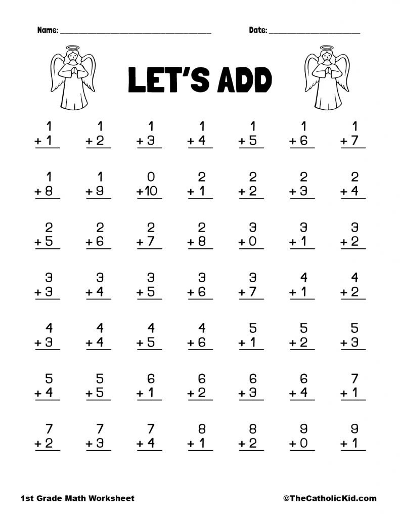 Lets Add - 1st Grade Math Angel Worksheet Catholic Themed