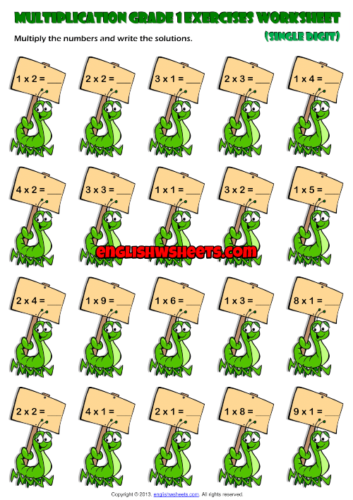 First Grade Single Digit Multiplication Exercise Worksheet