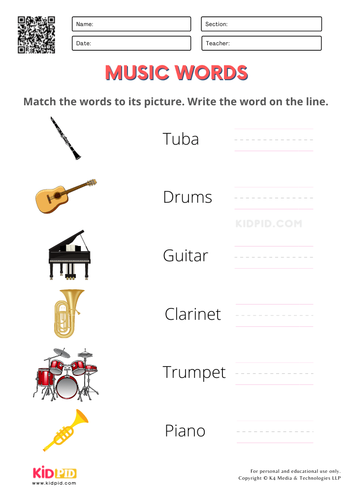 Music Words Practice Worksheets for Kindergarten - Kidpid