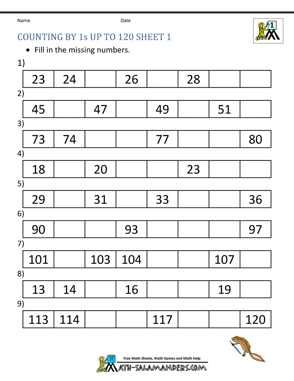 1st Grade Math Worksheets Counting by 1s and 10s