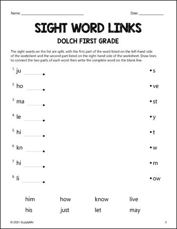 First Grade Sight Words Worksheets - Word Links, All 41 Dolch 1st ...