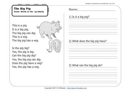 The Big Pig | 1st Grade Reading Comprehension Worksheet Week 6