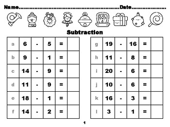 Christmas Holiday, 100 First Grade Subtraction upto 20 Worksheets