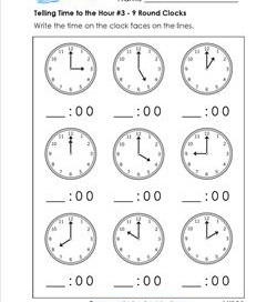 Telling Time to the Hour Worksheets for First Grade