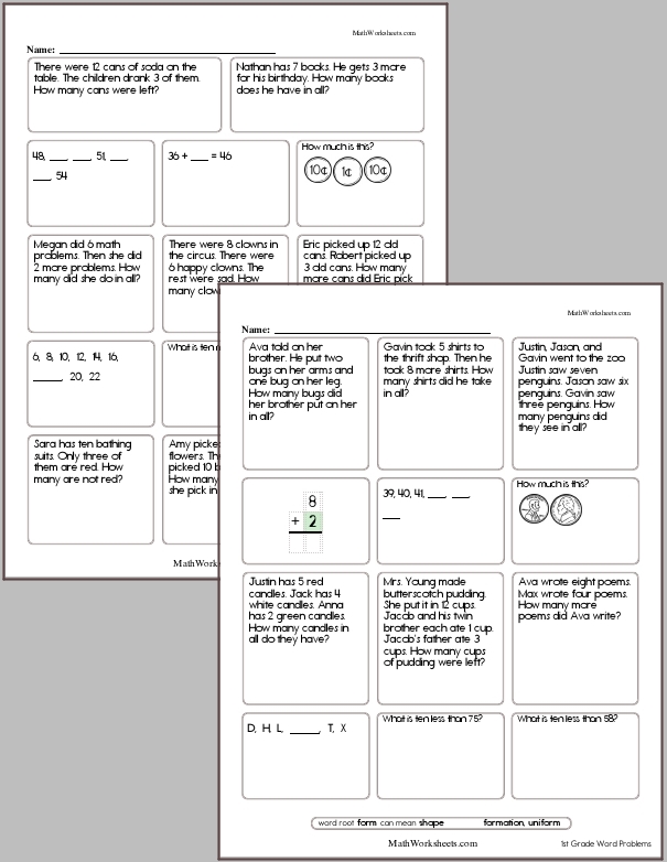 Word Problem Worksheets for 1st Graders - Free with No Login ...