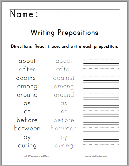 Writing the Top 25 Prepositions | Student Handouts