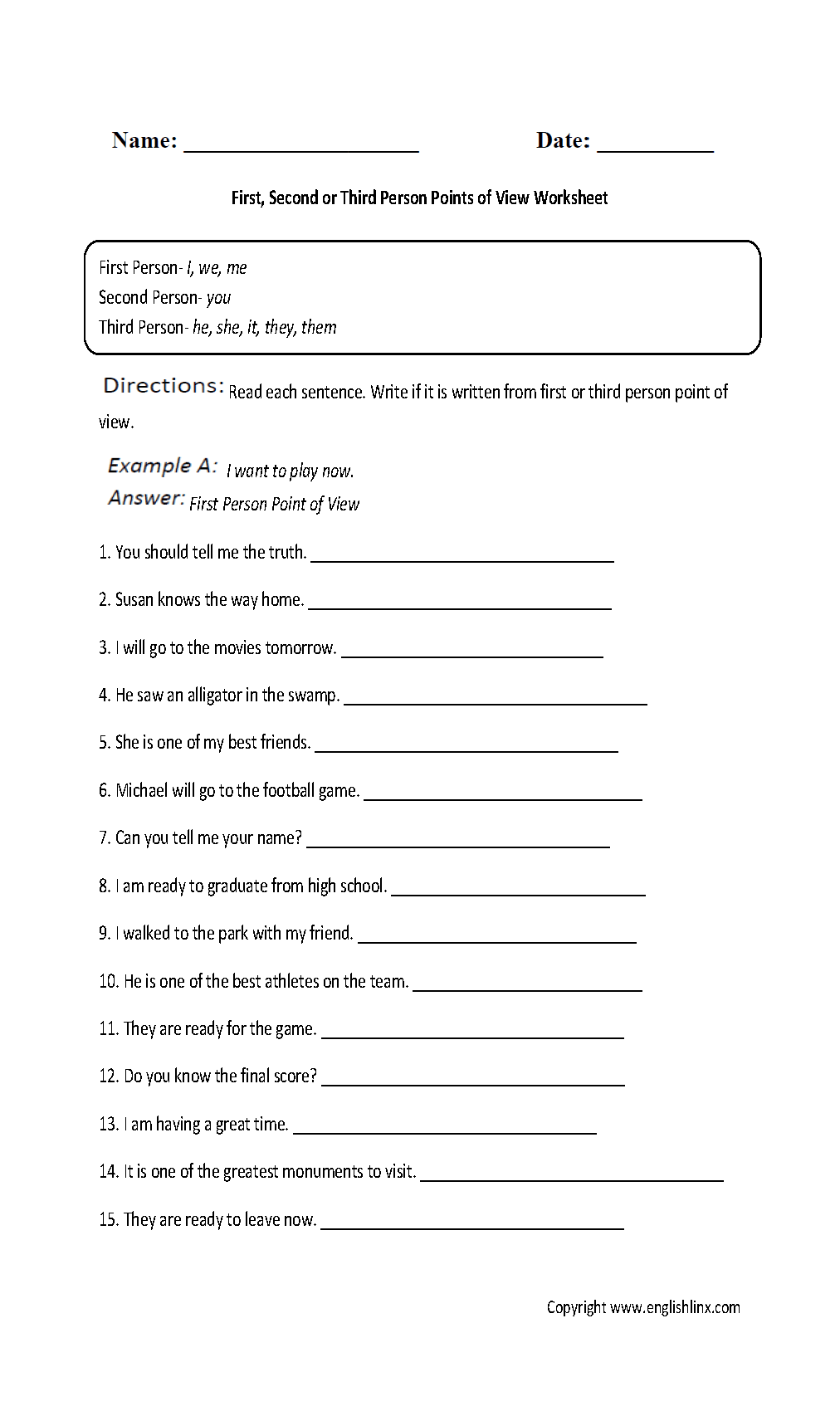 first person point of view worksheet
