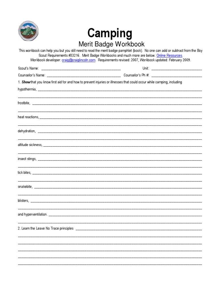 Camping Merit Badge Workbook | PDF | Backpacking (Wilderness ...