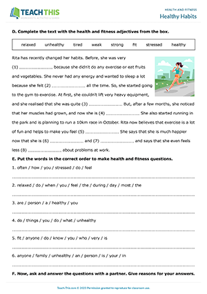 fitness questionnaire for teens worksheet