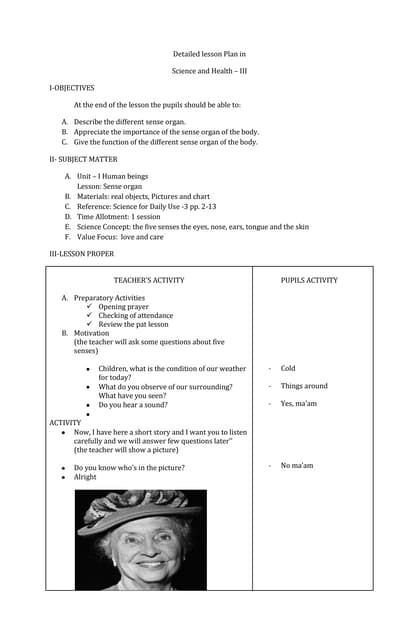 sample lesson plan in science five senses | PDF