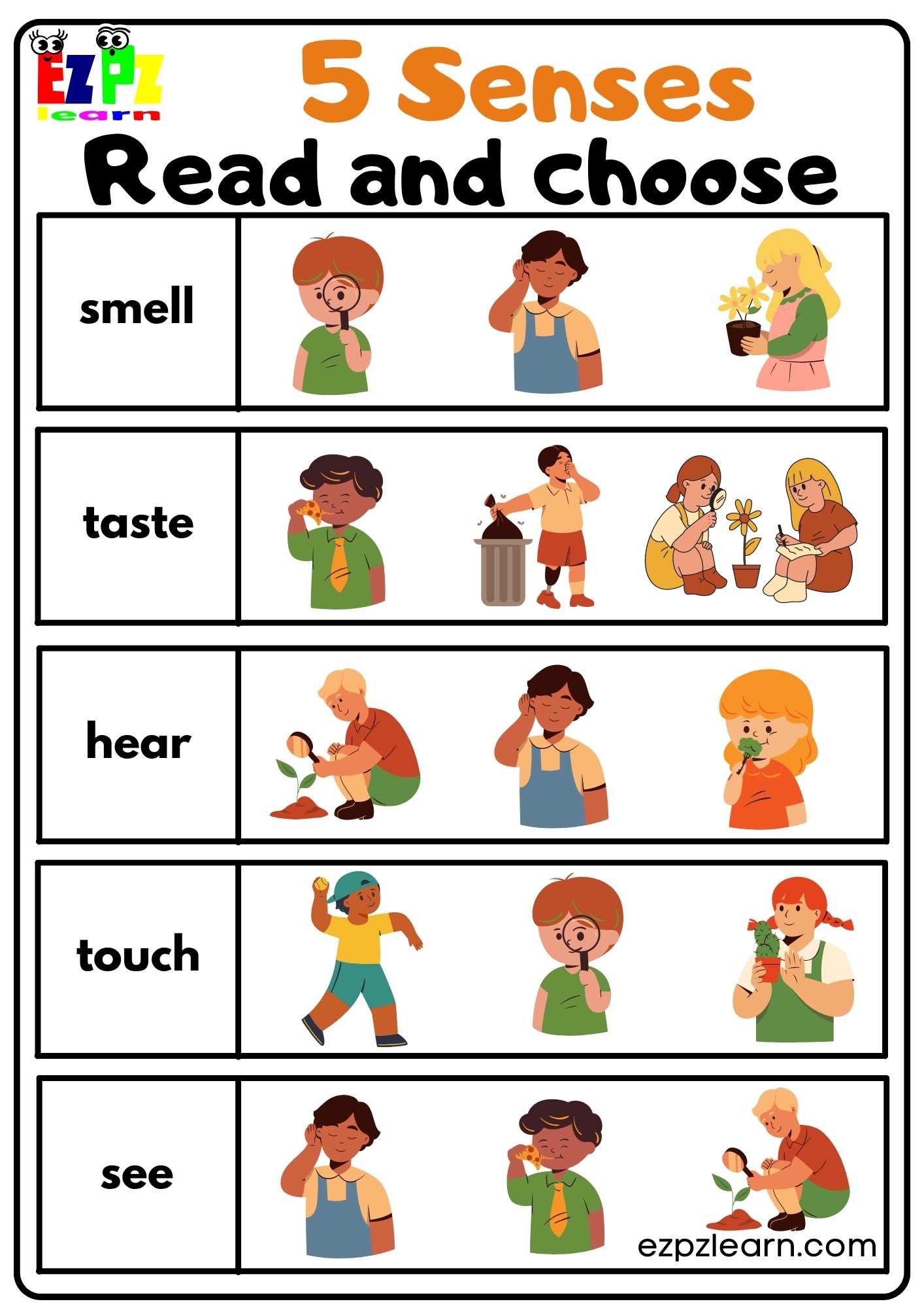 Five Senses Read and Choose Worksheet for Kindergarten and ESL ...