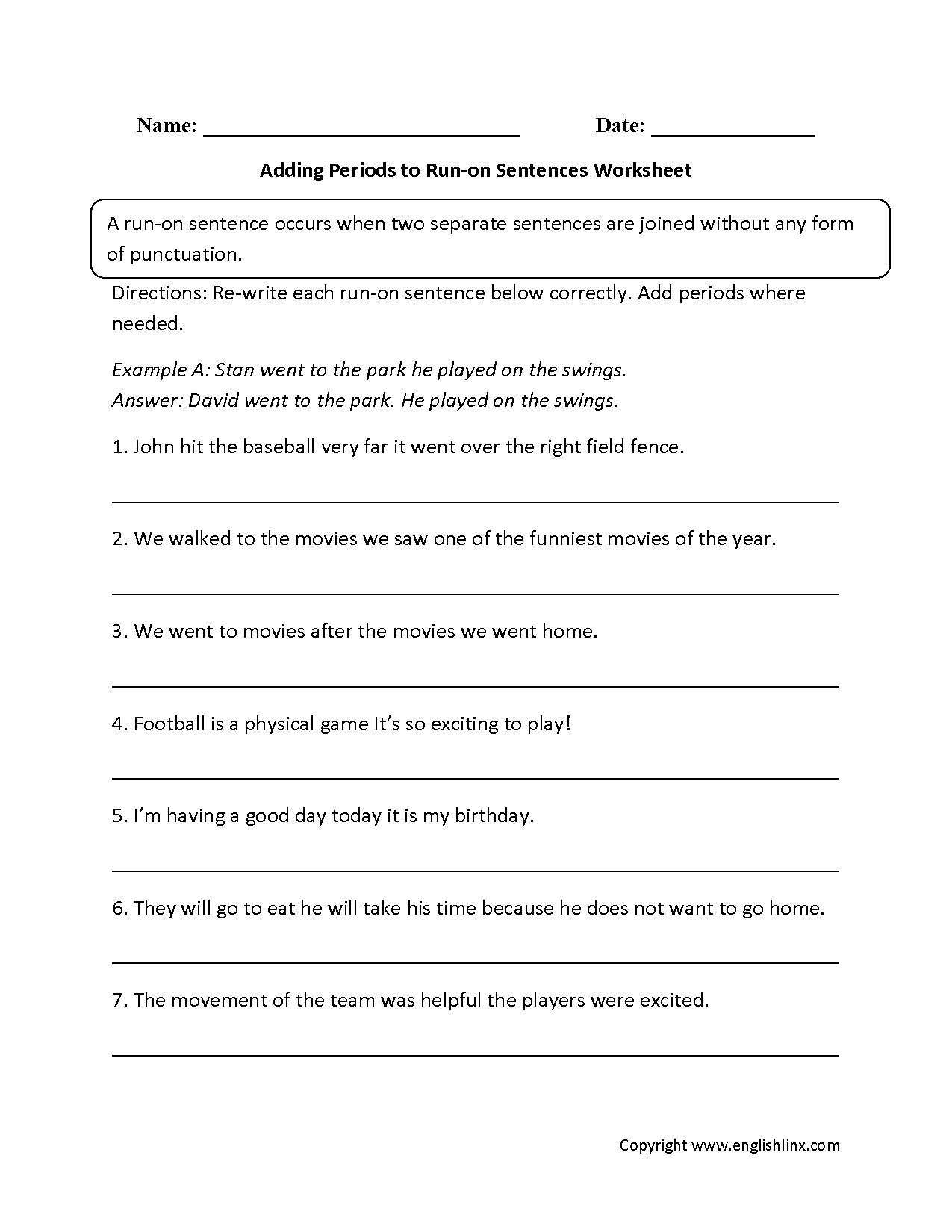 Run on Sentences Worksheets | Adding Periods to Run on Sentences ...