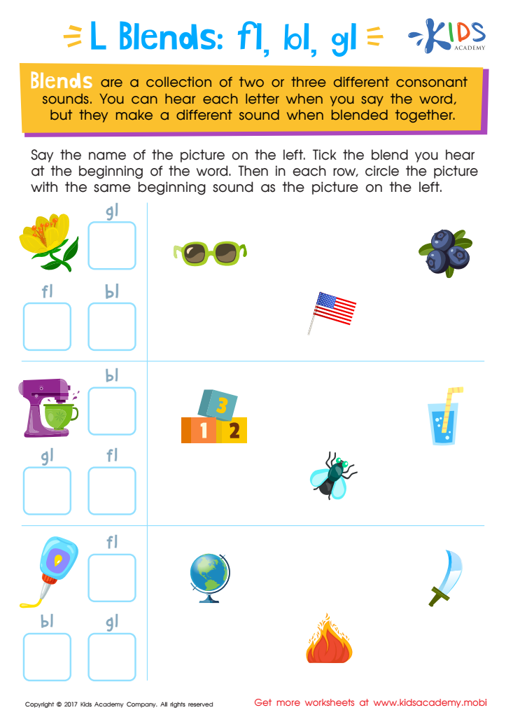 Fl, Bl and Gl Blending Consonants Worksheet
