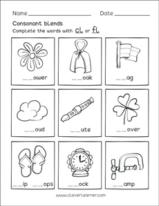 Free consonant blends with l worksheets for preschool children