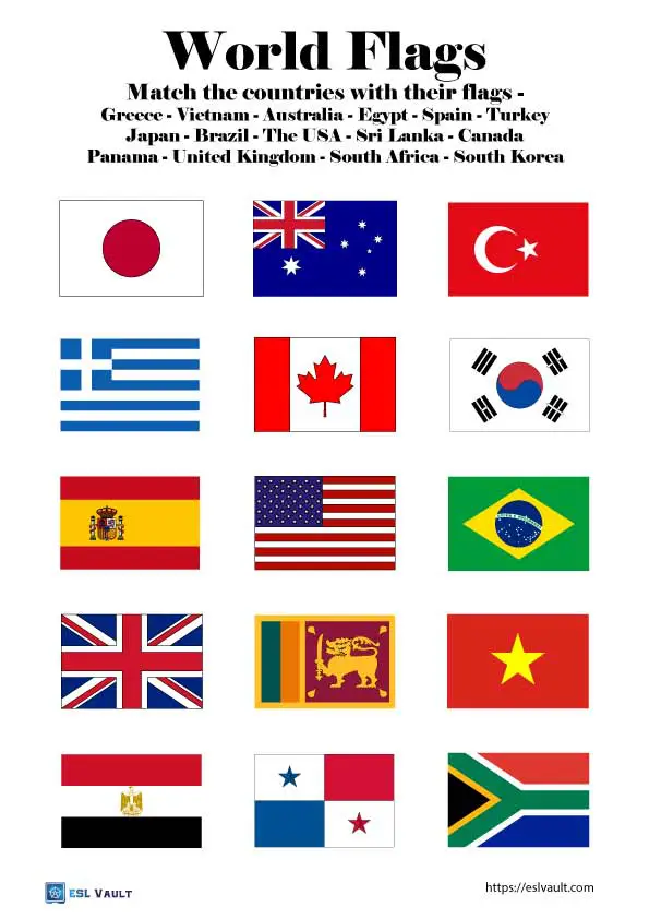 World flags worksheet printables - ESL Vault