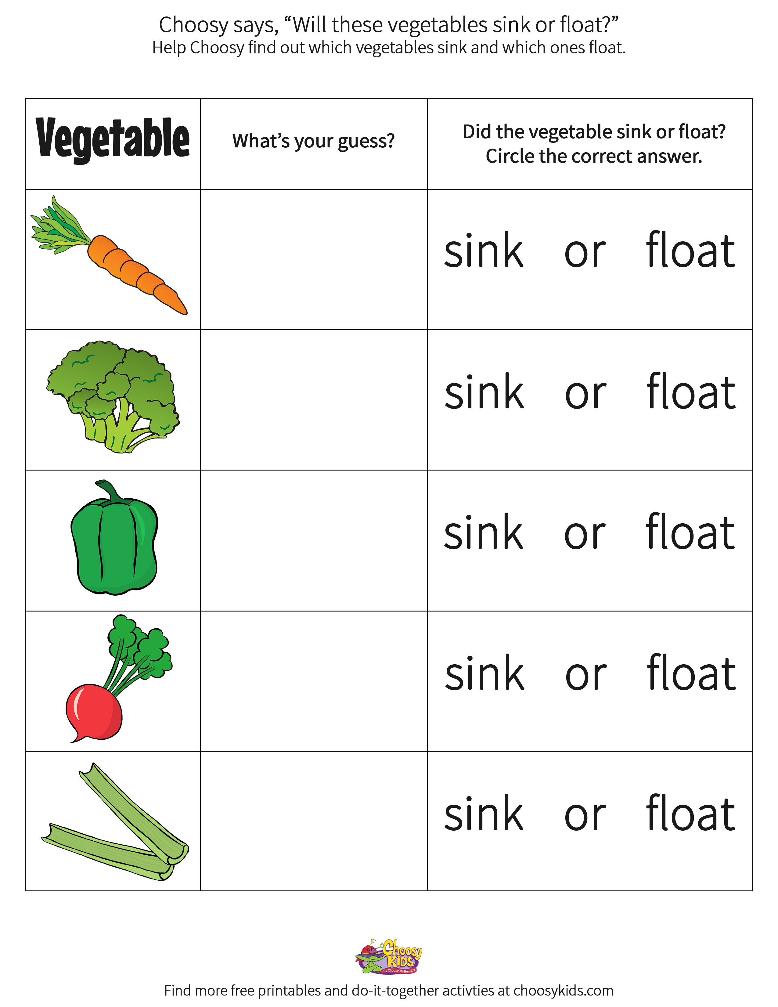 Sink or Float Vegetable Printable - Choosy Kids