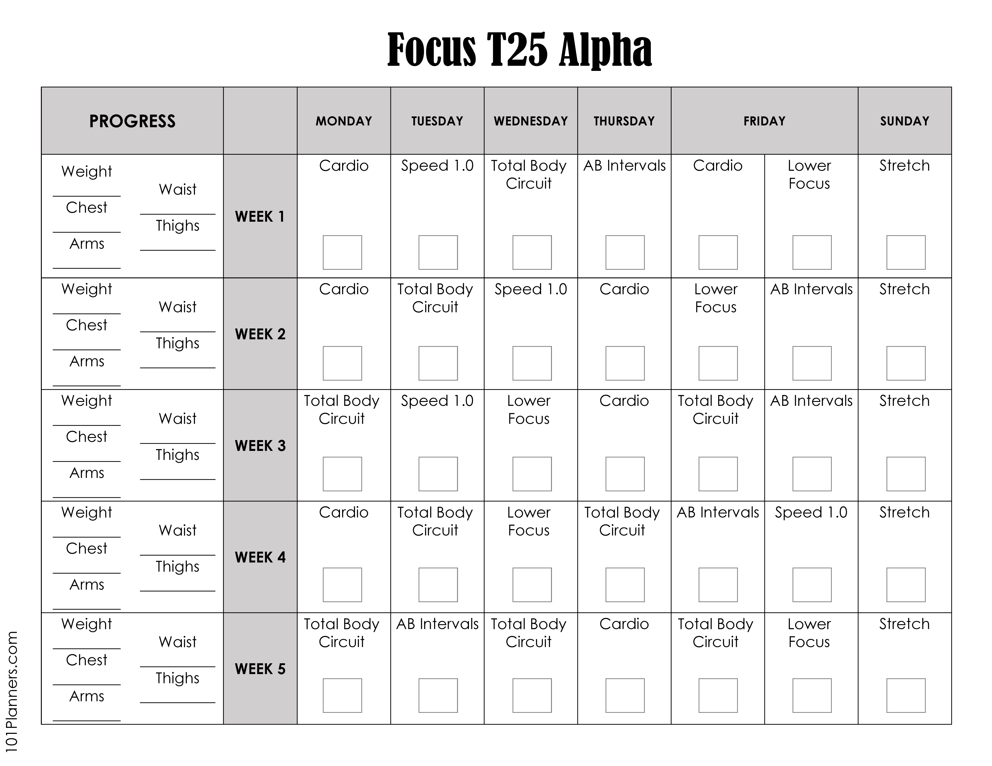 FREE Printable Focus T25 Calendar | Alpha, Beta and Gamma