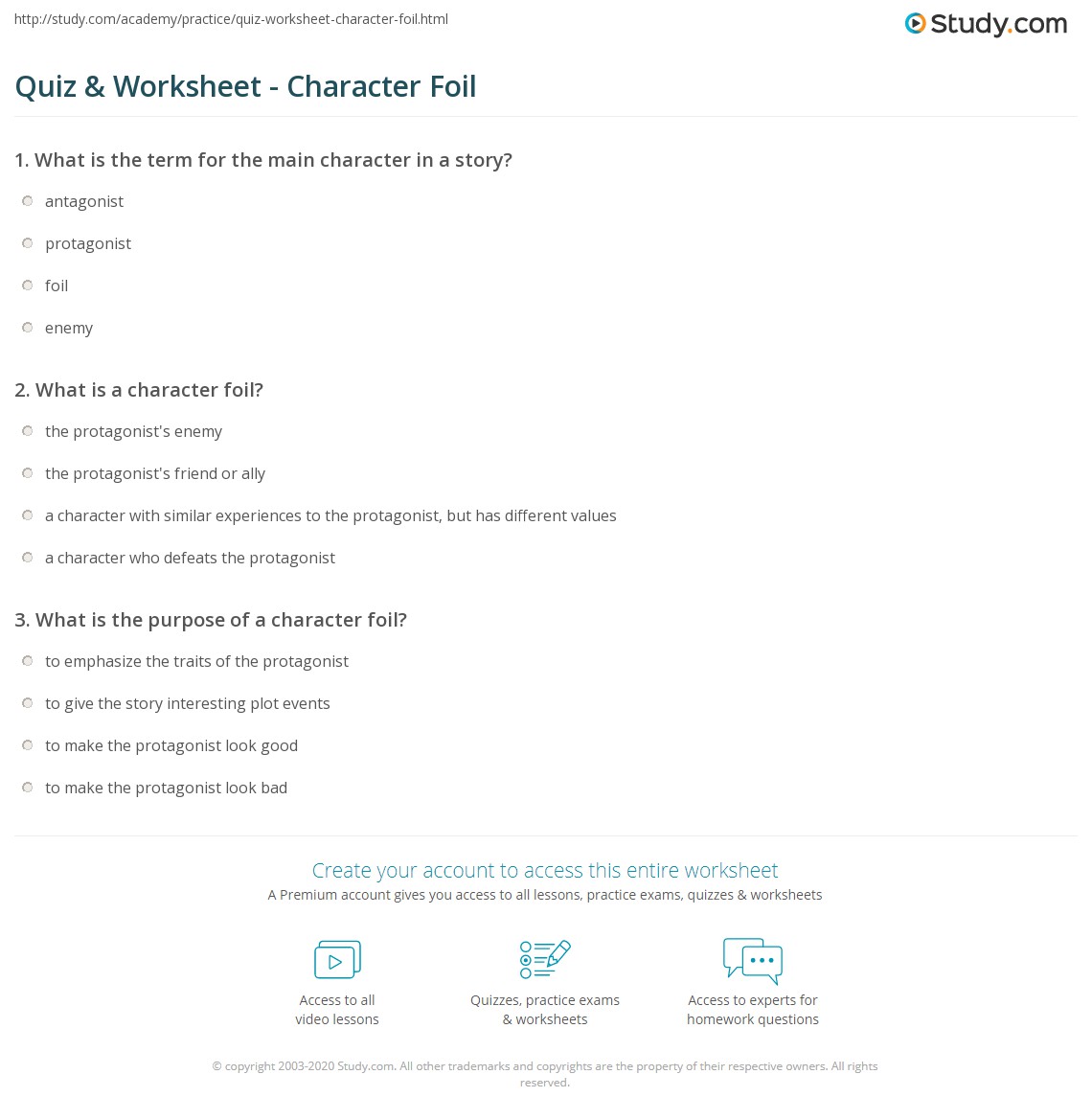 foil in literature worksheet