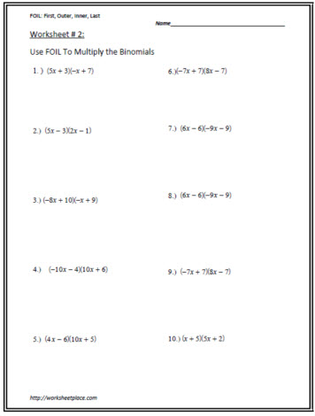Multiply Binomials Worksheets