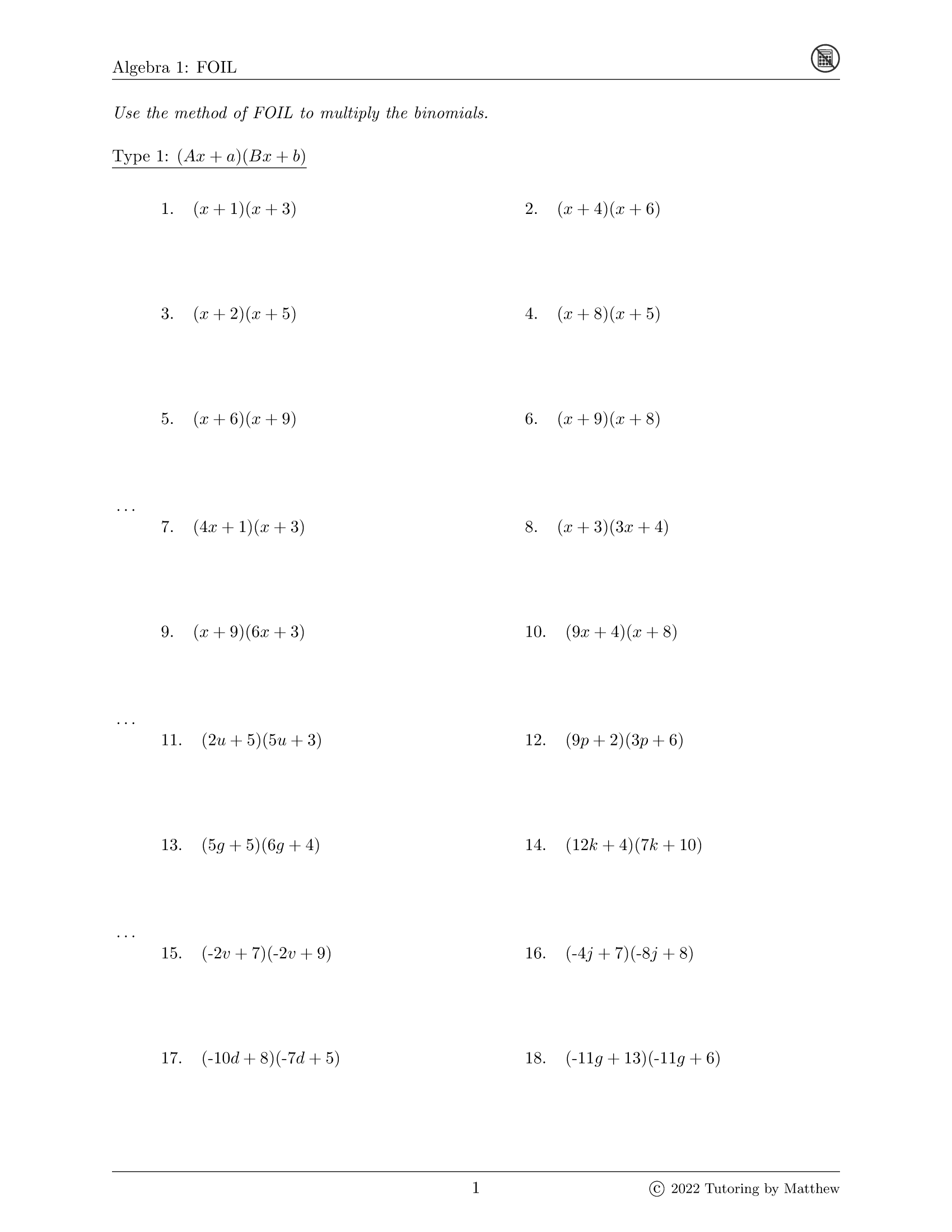 Foil Worksheet - Tutoring by Matthew