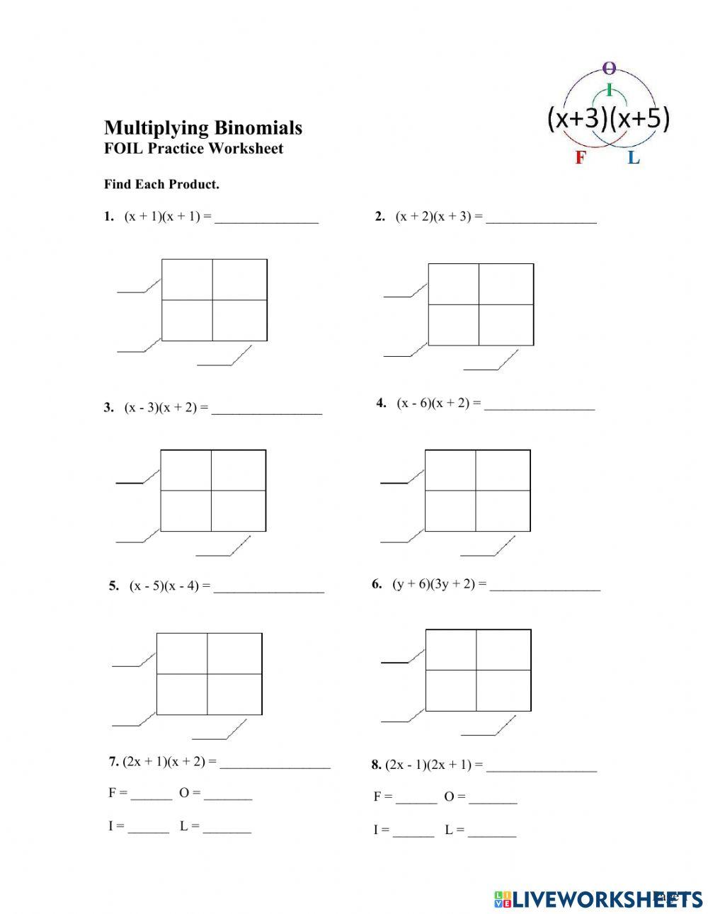 Multiplying binomials worksheet (Box FOIL) online exercise for