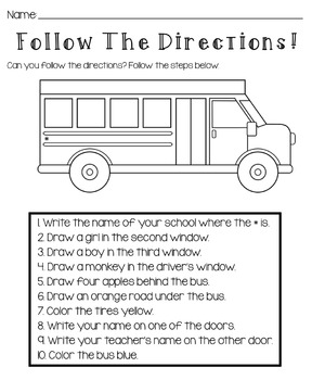 Back To School: Follow The Directions Worksheet by Kids and Coffee