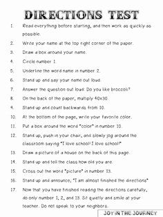 following directions worksheet for middle school students
