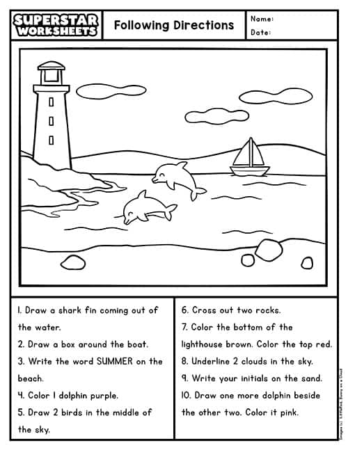 following directions worksheet middle school