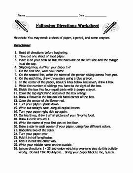 following directions worksheet