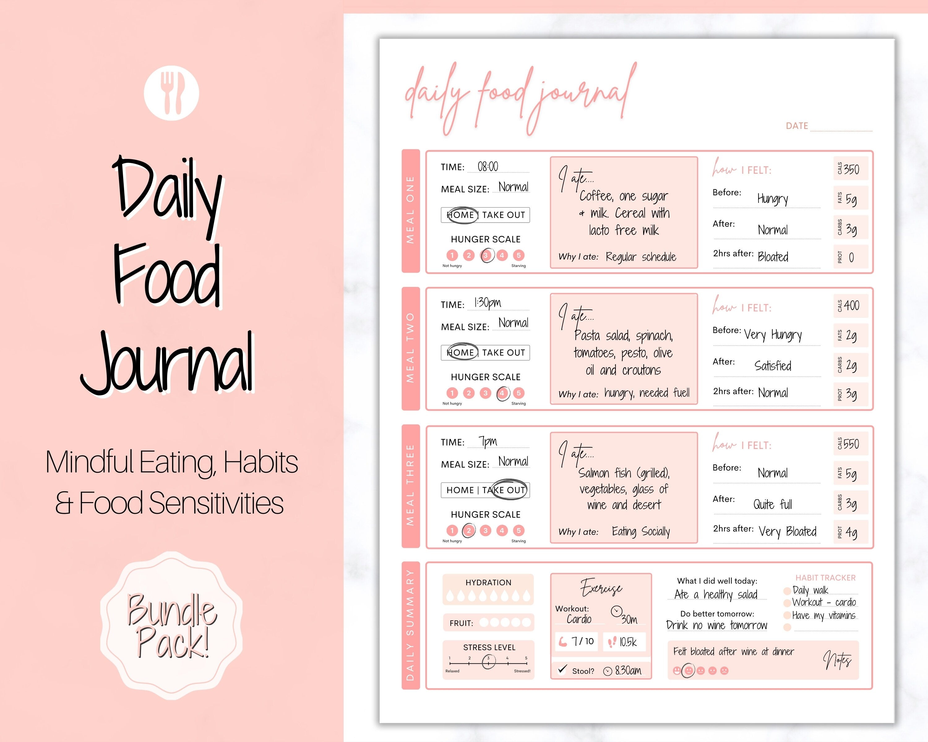 DAILY Food Journal Printable Templates Digital Pink Food Log