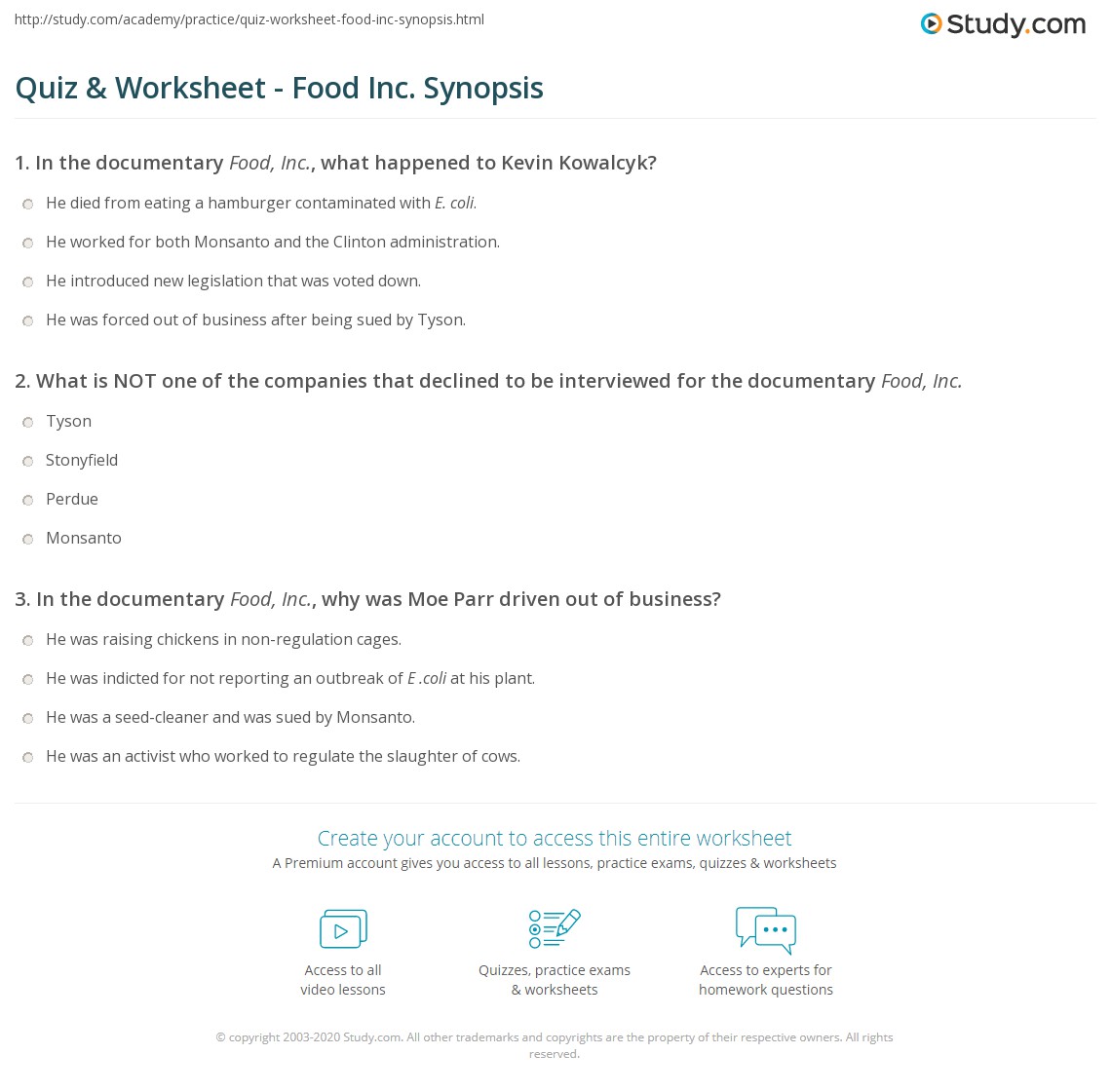 Quiz &  Worksheet - Food Inc. Synopsis | Study.com