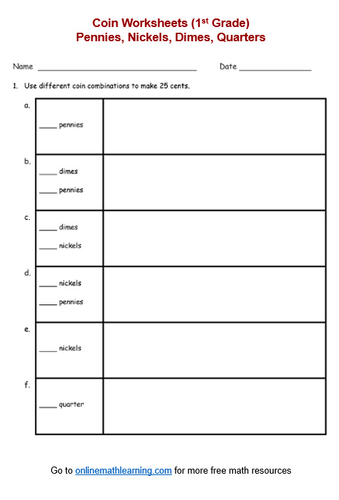 for 1st grade money worksheet