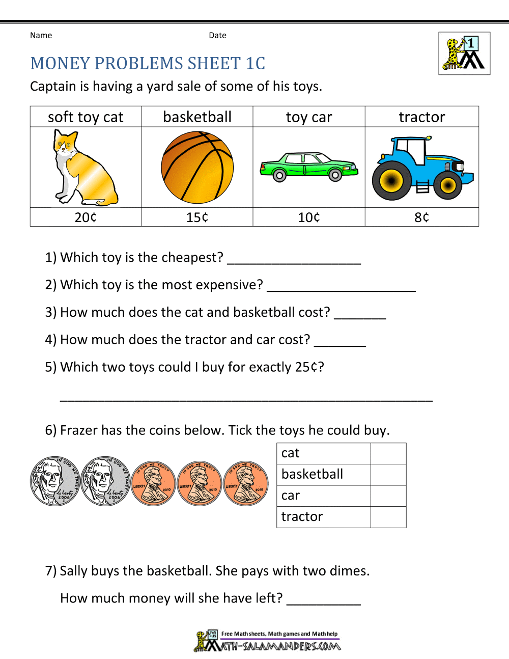 for 1st grade money worksheet
