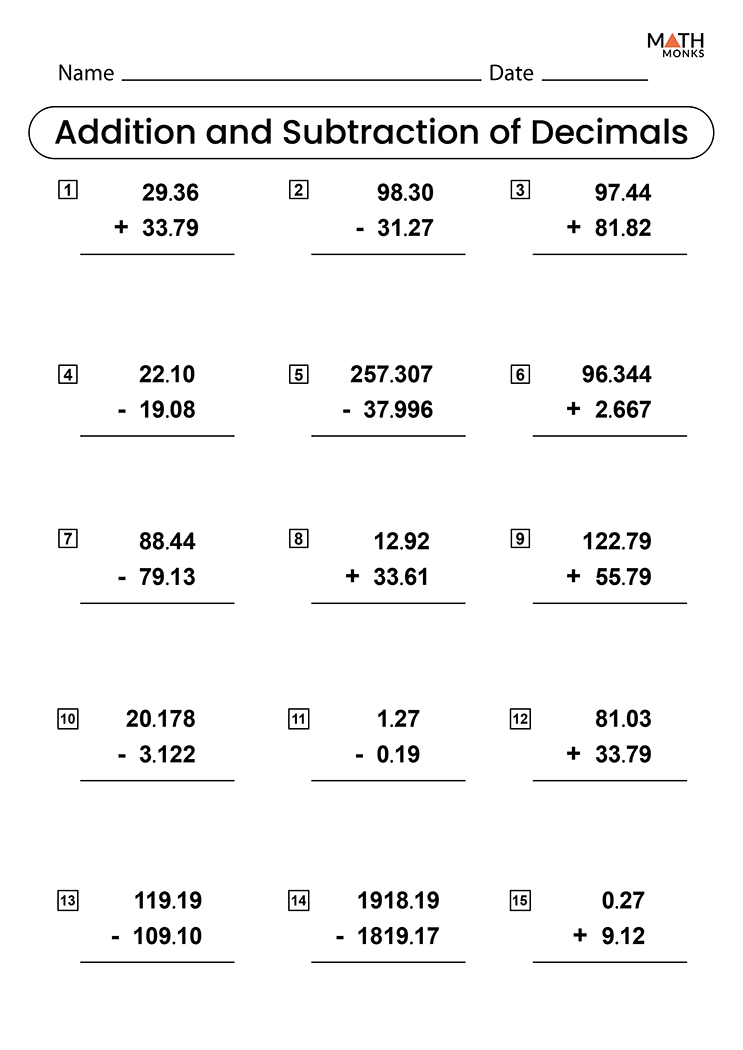 Adding and Subtracting Decimals Worksheets - Math Monks
